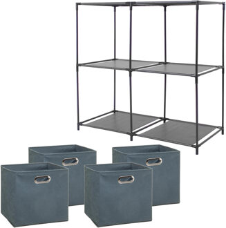 5five Kastmandjes/opberg mandjes - blauwgrijs - 4x stuks van 29 Liter - In rekje van 68 x 70 cm