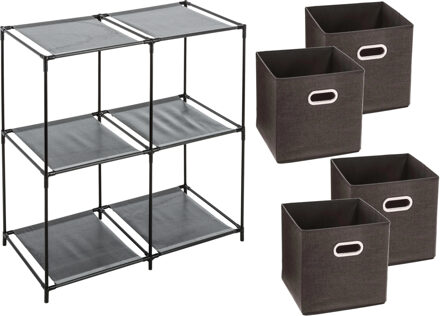 5five Kastmandjes/opberg mandjes - bruin - 4x stuks van 29 Liter - In rekje van 67 x 68 cm