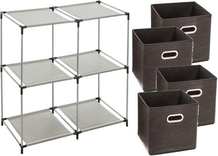 5five Kastmandjes/opberg mandjes - bruin - 4x stuks van 29 Liter - In rekje van 67 x 68 cm