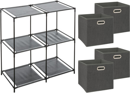 5five Kastmandjes/opberg mandjes - donkergrijs - 4x stuks van 29 Liter - In rekje van 67 x 68 cm