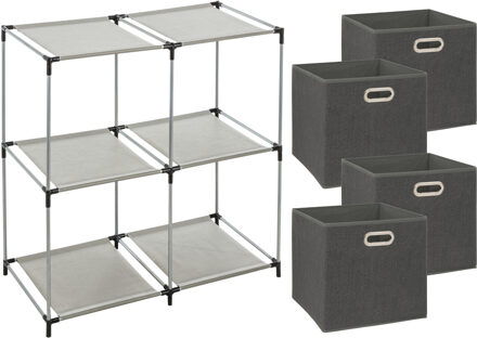 5five Kastmandjes/opberg mandjes - donkergrijs - 4x stuks van 29 Liter - In rekje van 67 x 68 cm