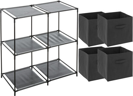 5five Kastmandjes/opberg mandjes - donkergrijs - 4x stuks van 29 Liter - In rekje van 68 x 68 cm