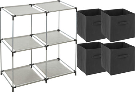 5five Kastmandjes/opberg mandjes - donkergrijs - 4x stuks van 29 Liter - In rekje van 68 x 68 cm