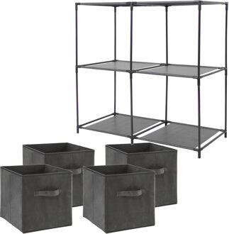 5five Kastmandjes/opberg mandjes - donkergrijs - 4x stuks van 29 Liter - In rekje van 68 x 70 cm