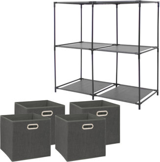 5five Kastmandjes/opberg mandjes - donkergrijs - 4x stuks van 29 Liter - In rekje van 68 x 70 cm