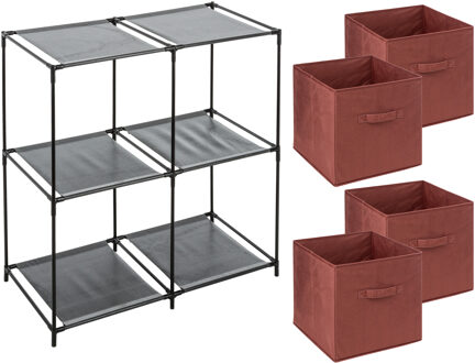 5five Kastmandjes/opberg mandjes - donkerrood - 4x stuks van 29 Liter - In rekje van 67 x 68 cm