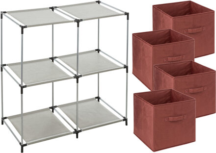 5five Kastmandjes/opberg mandjes - donkerrood - 4x stuks van 29 Liter - In rekje van 67 x 68 cm