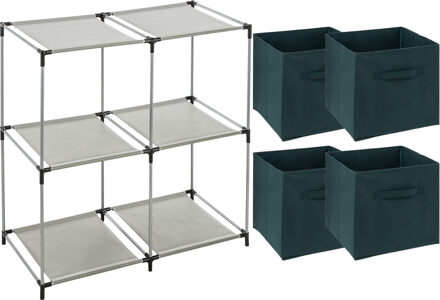 5five Kastmandjes/opberg mandjes - emerald groen - 4x stuks van 29 Liter - In rekje van 68 x 68 cm