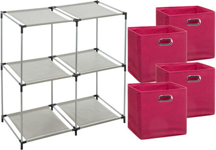 5five Kastmandjes/opberg mandjes - fuchsia roze - 4x stuks van 29 Liter - Rekje is 67 x 68 cm - Opbergmanden