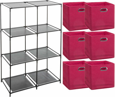 5five Kastmandjes/opberg mandjes - fuchsia roze - 6x stuks van 29 Liter - Rekje is 68 x 98 cm - Opbergmanden