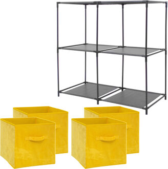 5five Kastmandjes/opberg mandjes - geel - 4x stuks van 29 Liter - In rekje van 68 x 70 cm