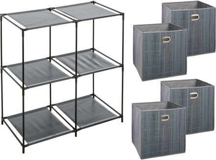 5five Kastmandjes/opberg mandjes - grijs - 4x stuks van 29 Liter - In rekje van 67 x 68 cm