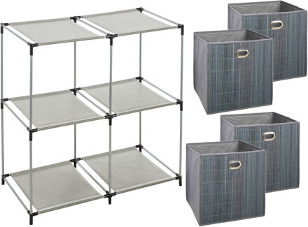 5five Kastmandjes/opberg mandjes - grijs - 4x stuks van 29 Liter - In rekje van 67 x 68 cm