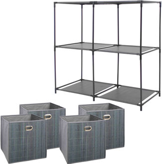 5five Kastmandjes/opberg mandjes - grijs - 4x stuks van 29 Liter - In rekje van 68 x 70 cm