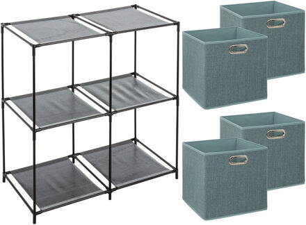 5five Kastmandjes/opberg mandjes - ijsblauw - 4x stuks van 29 Liter - In rekje van 67 x 68 cm