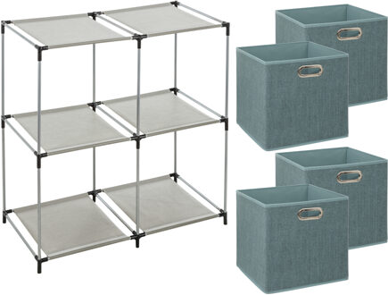 5five Kastmandjes/opberg mandjes - ijsblauw - 4x stuks van 29 Liter - In rekje van 67 x 68 cm