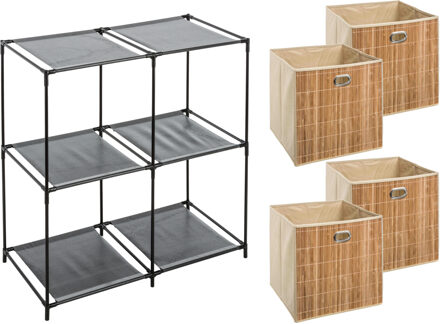 5five Kastmandjes/opberg mandjes - lichtbruin - 4x stuks van 29 Liter - In rekje van 67 x 68 cm