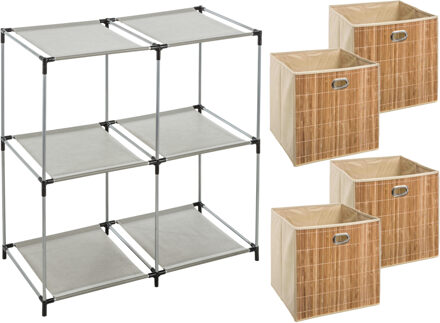 5five Kastmandjes/opberg mandjes - lichtbruin - 4x stuks van 29 Liter - In rekje van 67 x 68 cm