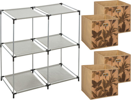 5five Kastmandjes/opberg mandjes - lichtbruin - 4x stuks van 29 Liter - In rekje van 67 x 68 cm