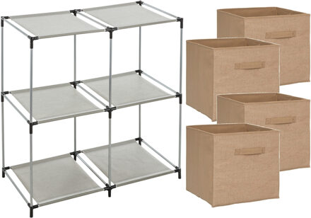 5five Kastmandjes/opberg mandjes - lichtbruin jute - 4x stuks van 29 Liter - In rekje van 67 x 68 cm