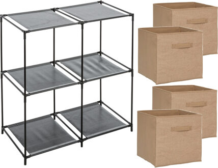 5five Kastmandjes/opberg mandjes - lichtbruin jute - 4x stuks van 29 Liter - In rekje van 67 x 68 cm