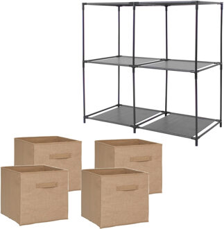 5five Kastmandjes/opberg mandjes - lichtbruin jute - 4x stuks van 29 Liter - In rekje van 68 x 70 cm