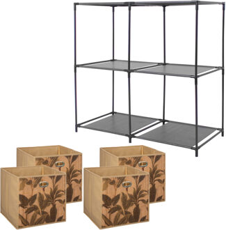 5five Kastmandjes/opberg mandjes - lichtbruin print - 4x stuks van 29 Liter - In rekje van 68 x 70 cm