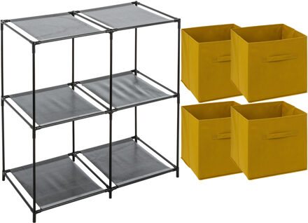 5five Kastmandjes/opberg mandjes - mosterdgeel - 4x stuks van 29 Liter - In rekje van 68 x 68 cm