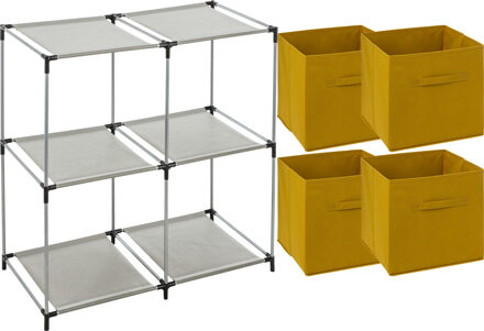 5five Kastmandjes/opberg mandjes - mosterdgeel - 4x stuks van 29 Liter - In rekje van 68 x 68 cm