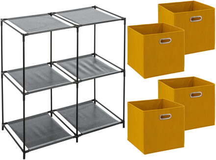 5five Kastmandjes/opberg mandjes - okergeel - 4x stuks van 29 Liter - In rekje van 67 x 68 cm