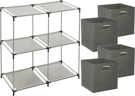 5five Kastmandjes/opberg mandjes - olijfgroen - 4x stuks van 29 Liter - In rekje van 67 x 68 cm