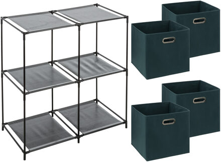 5five Kastmandjes/opberg mandjes - smaragd groen - 4x stuks van 29 Liter - In rekje van 67 x 68 cm