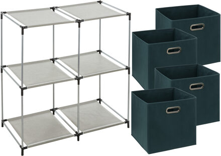 5five Kastmandjes/opberg mandjes - smaragd groen - 4x stuks van 29 Liter - In rekje van 67 x 68 cm