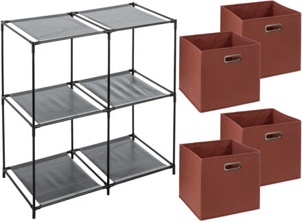 5five Kastmandjes/opberg mandjes - steenrood - 4x stuks van 29 Liter - In rekje van 67 x 68 cm