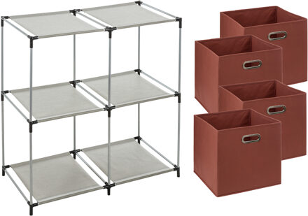 5five Kastmandjes/opberg mandjes - steenrood - 4x stuks van 29 Liter - In rekje van 67 x 68 cm