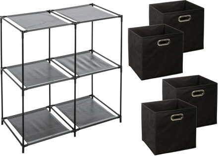 5five Kastmandjes/opberg mandjes - zwart - 4x stuks van 29 Liter - In rekje van 67 x 68 cm