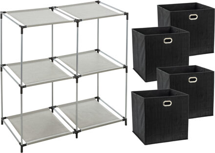 5five Kastmandjes/opberg mandjes - zwart - 4x stuks van 29 Liter - In rekje van 67 x 68 cm