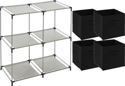 5five Kastmandjes/opberg mandjes - zwart - 4x stuks van 29 Liter - In rekje van 68 x 68 cm