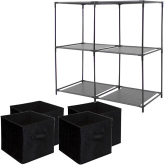 5five Kastmandjes/opberg mandjes - zwart - 4x stuks van 29 Liter - In rekje van 68 x 70 cm