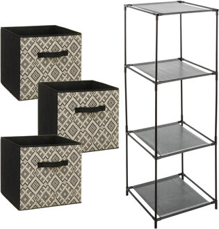 5five Kastmandjes/opberg mandjes - zwart/creme print - 3x stuks van 29 Liter - In rekje van 34 x 98 cm