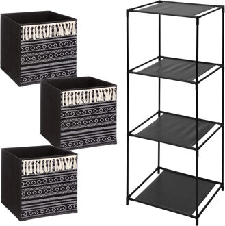 5five Kastmandjes/opberg mandjes - zwart/print - 3x stuks van 29 Liter - In rekje van 34 x 98 cm