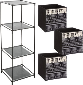 5five Kastmandjes/opberg mandjes - zwart/print - 3x stuks van 29 Liter - In rekje van 34 x 98 cm