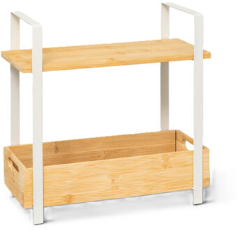 5five Keuken/aanrecht rekje - metaal/bamboe hout - 30 x 14 x 30 cm - keuken organizer - naturel/wit
