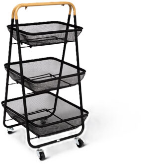 5five Keuken/badkamer opberg trolley - 3 laags - zwart - 48 x 41 x 87 cm - mesh metaal