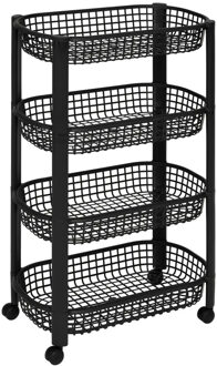5five Keuken/badkamer trolley 4 laags - L46 x B25 x H79 cm - zwart - kunststof - met wielen