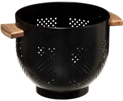 5five keuken vergiet/zeef op voet - zwart - 22 x 18,5 cm - metaal met houten handvaten