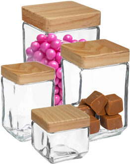 5five Keuken voorraadpotten glas met houten deksel - 4 formaten - 8x stuks