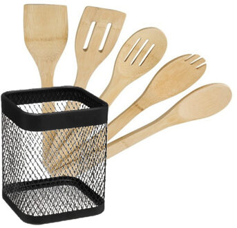 5five Keukengerei - houten spatels set 5-delig - draad houder - Keuken pollepels/spatel - bamboe