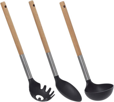 5five Keukengerei opscheplepels set - 3x - zwart/lichtbruin - hout/rvs/kunststof - 32 cm