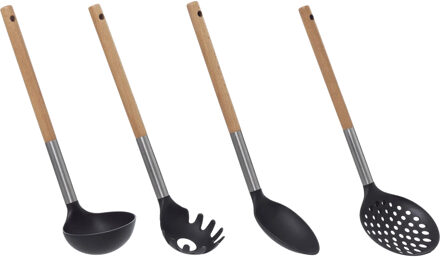 5five Keukengerei opscheplepels set - 4x - zwart/lichtbruin - hout/rvs/kunststof - 32 cm